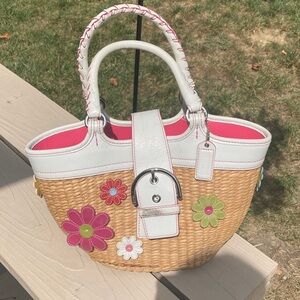Coach straw bag - Rare 4443  Straw Tote Bag with White and Pink Accents